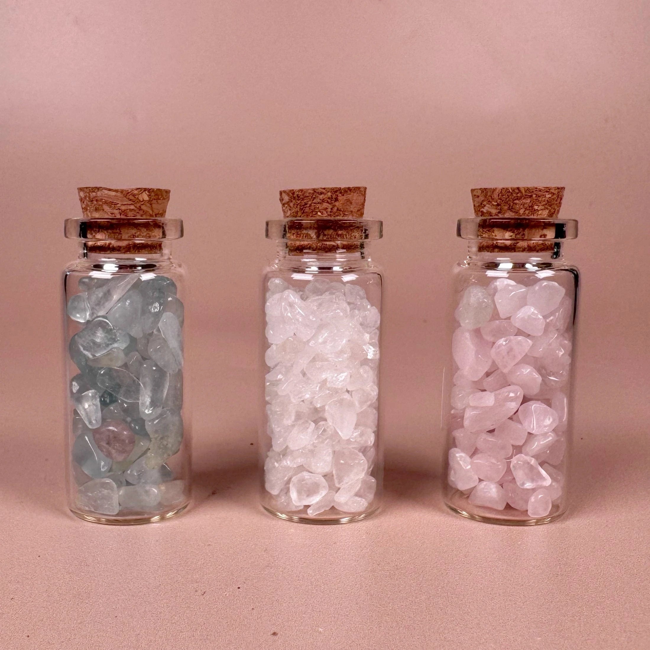 Esté Crystals crystal Mini Aquamarine, Clear Quartz, and Rose Quartz Jars
