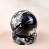 Black Flower Agate Cat Bowl Sphere Stands