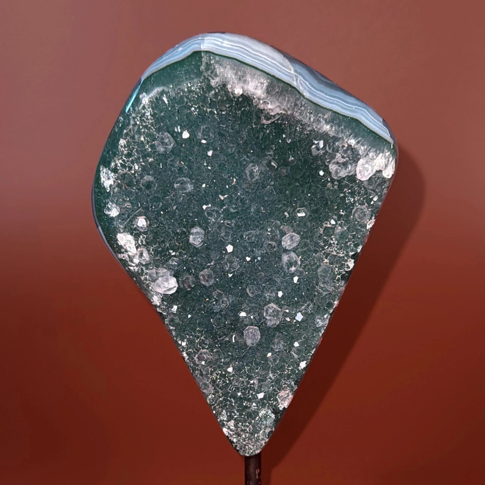 Esté Crystals crystal Banded Agate Freeform with Quartz Green Druzy on Stand