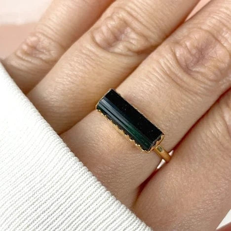 Esté Crystals crystal Black Tourmaline Gold Bar Ring Size 6-9