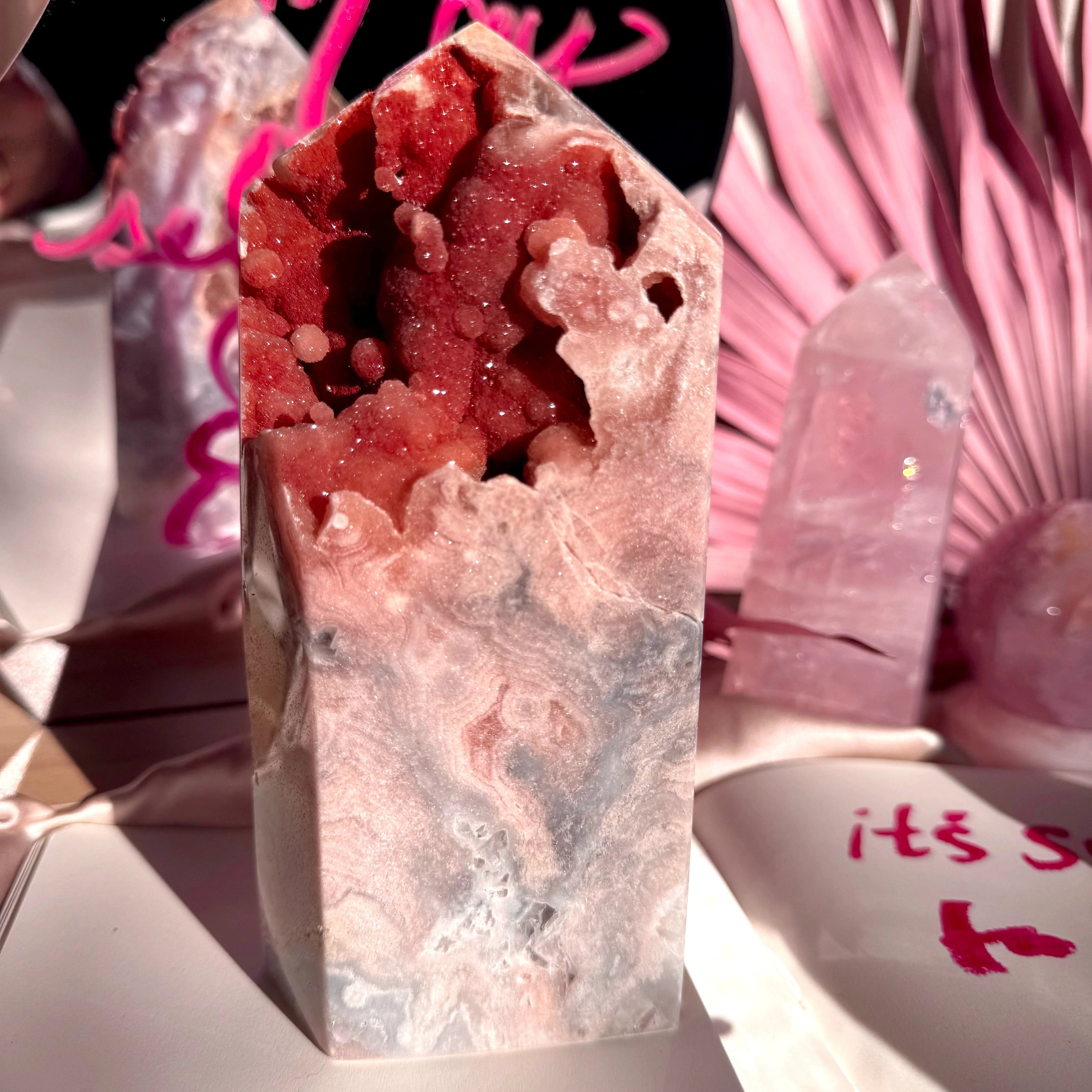 Esté Crystals crystal Blue Pink Amethyst Tower with Red Bubble Druzy Sugar
