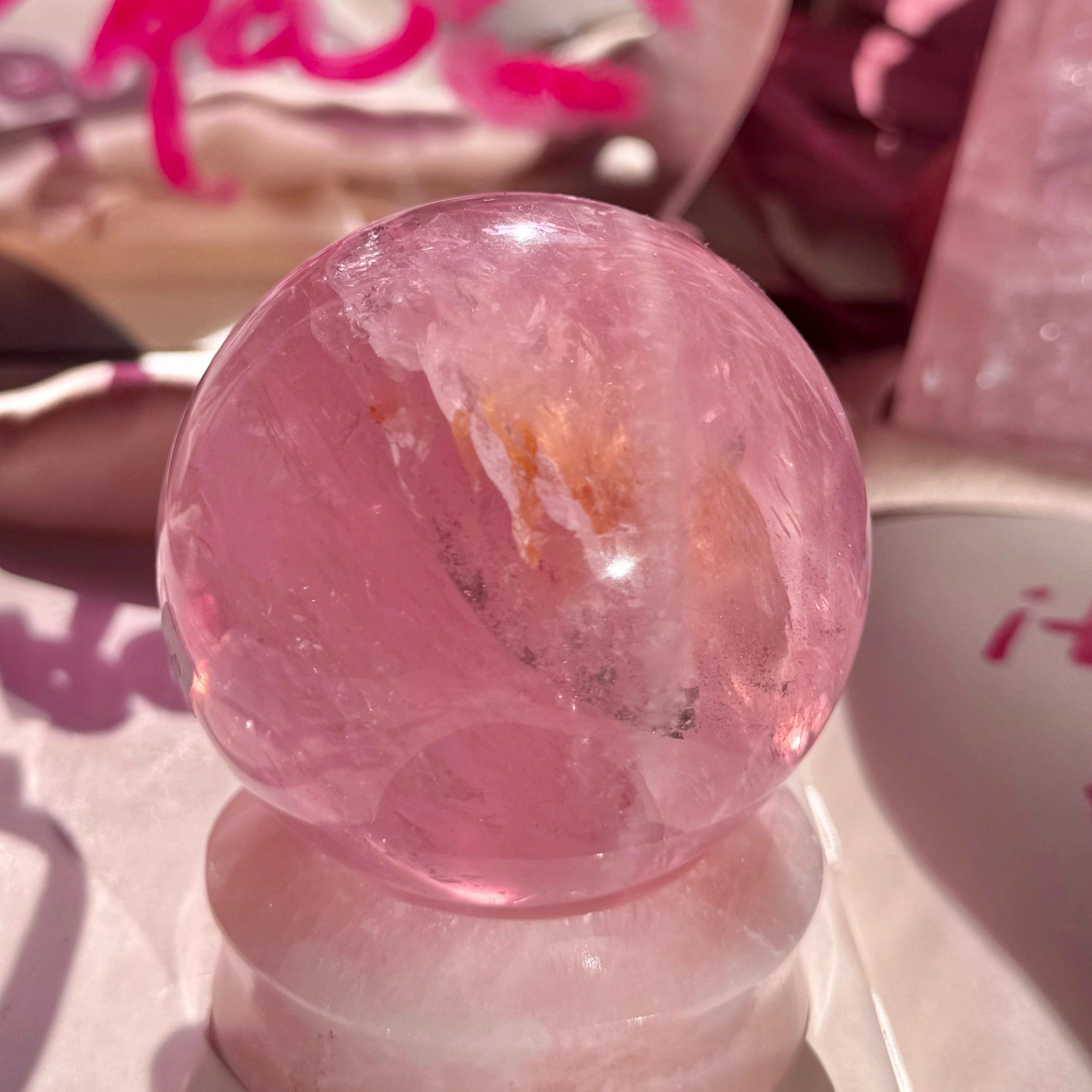 Esté Crystals crystal Extra Quality Double Star Rose Quartz Sphere with Pyrite and Golden Healer Inclusions