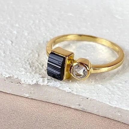 Esté Crystals crystal, jewelry 6 Black Tourmaline and Quartz Gold Ring Size 6 & 9