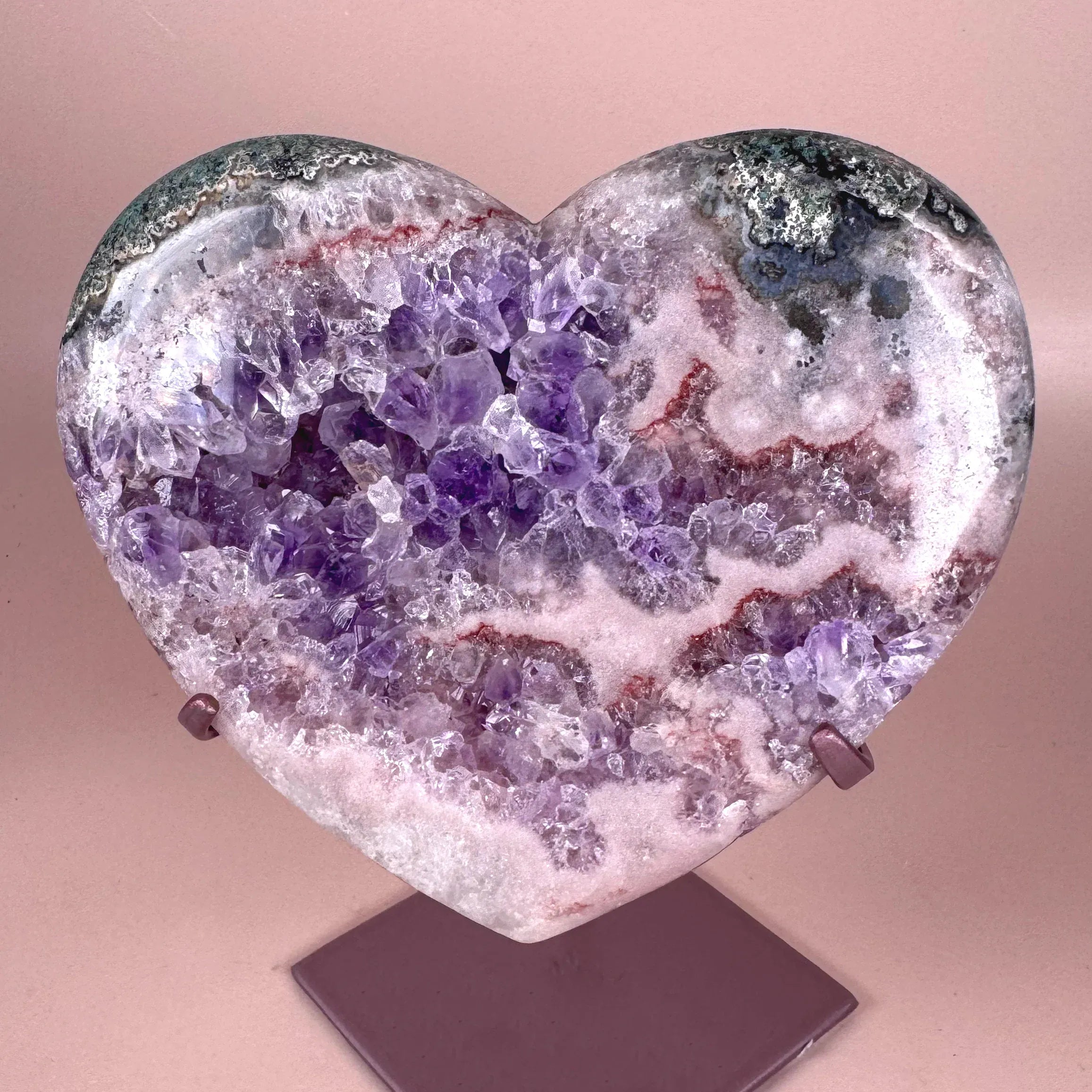 Esté Crystals crystal Pink Amethyst Moss Agate Heart with Stand