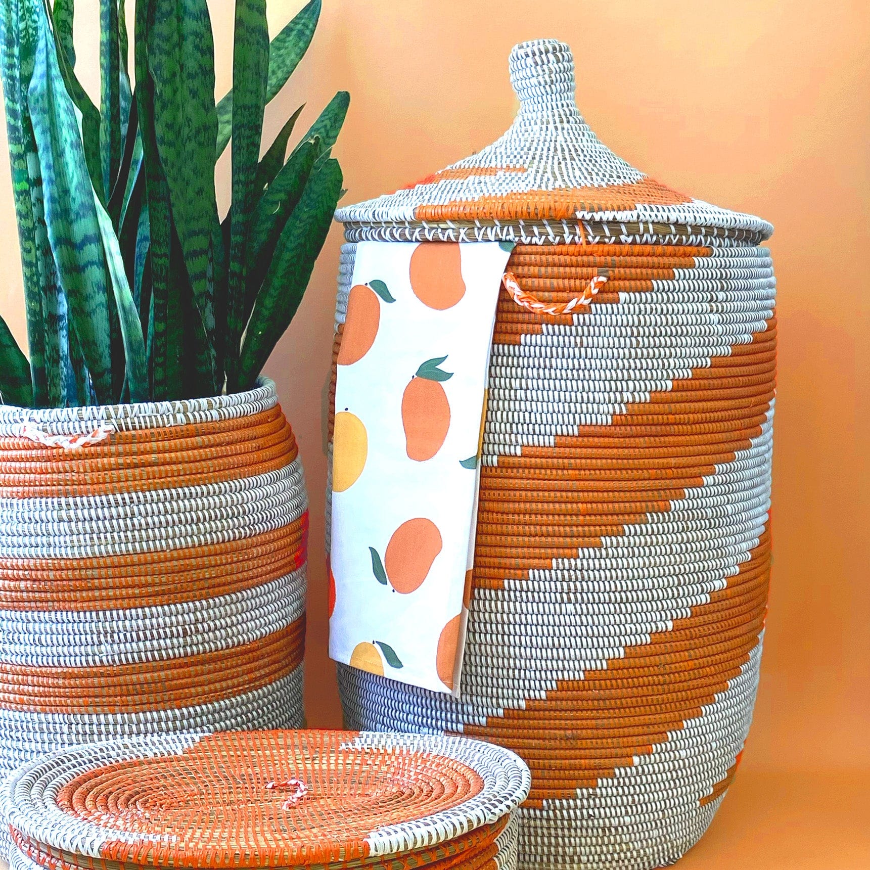 Esté Crystals home decor Large Orange Woven Hamper Basket with Lid