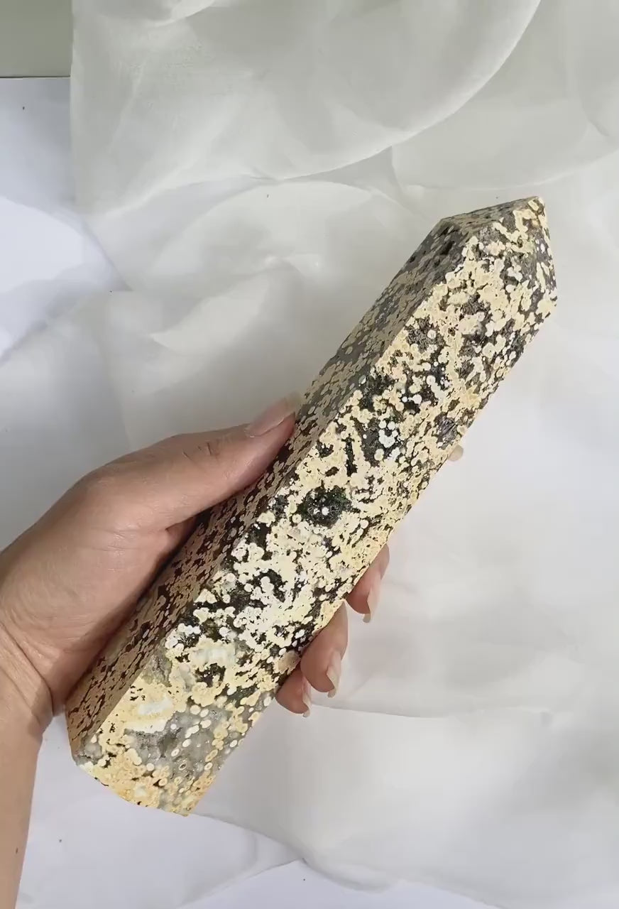 LARGE Druzy Ocean Jasper Tower | Sea Jasper Tower | Beautiful Yellow and Green Sea Jasper with Druzy Caves